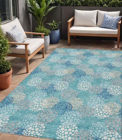 Tabselect Home Line 5' X 8' Teal Blue Gray And Ivory Polka Dot Washable Indoor Outdoor Area Rug