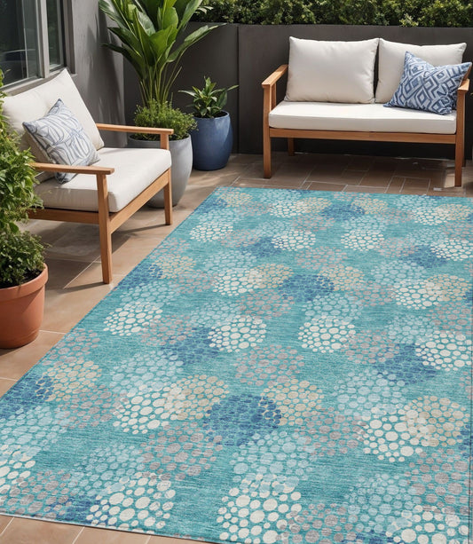 Tabselect Home Line 5' X 8' Teal Blue Gray And Ivory Polka Dot Washable Indoor Outdoor Area Rug