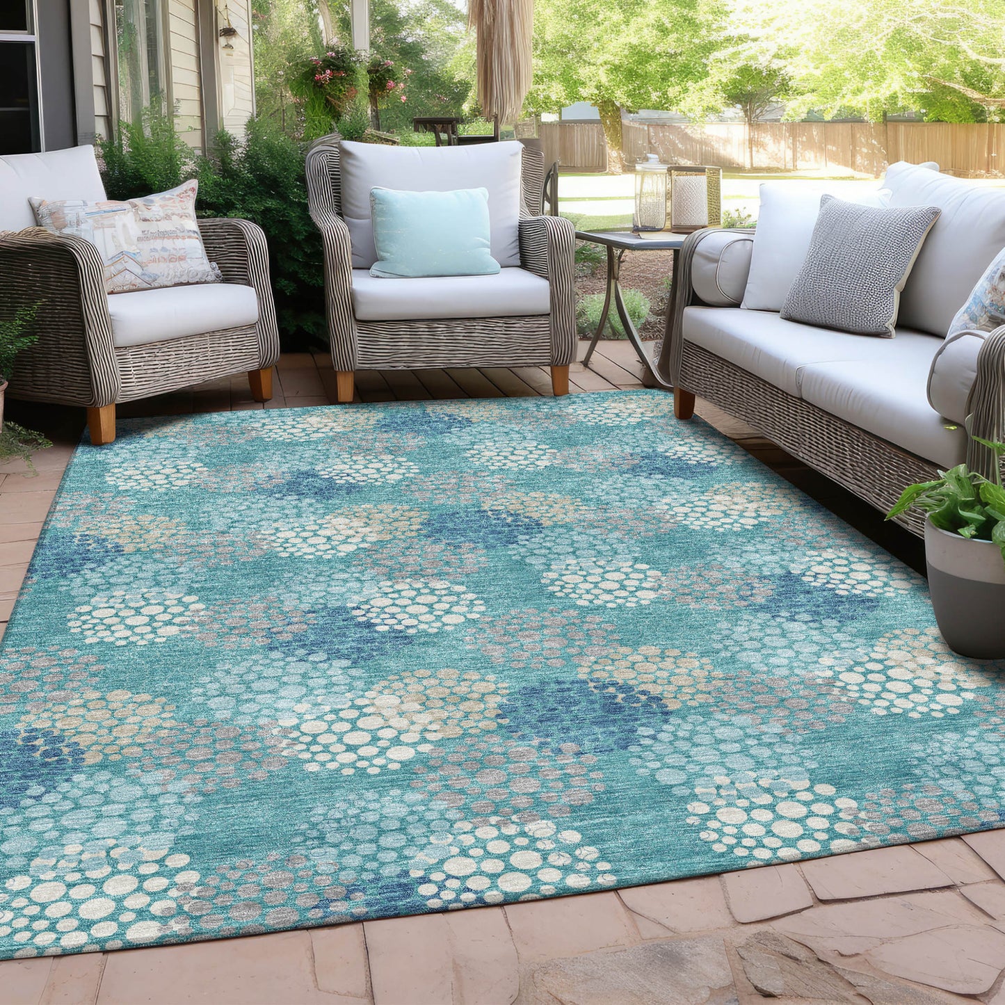 Tabselect Home Line 5' X 8' Teal Blue Gray And Ivory Polka Dot Washable Indoor Outdoor Area Rug