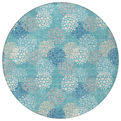 Tabselect Home Line 8' Teal Blue Gray And Ivory Round Polka Dot Washable Indoor Outdoor Area Rug