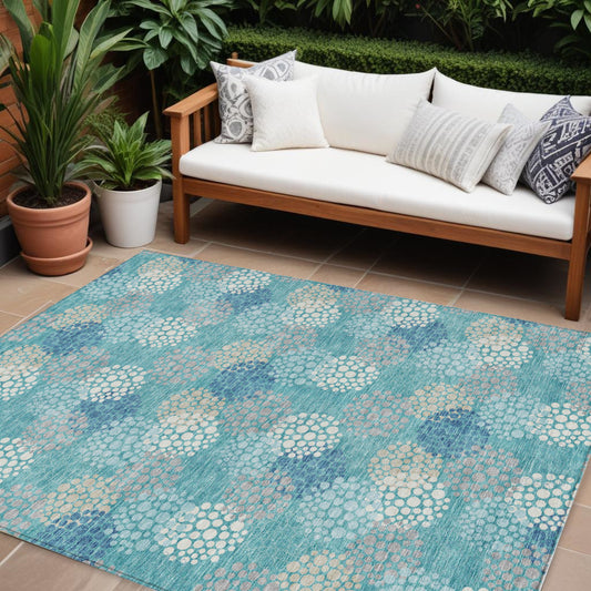 Tabselect Home Line 8' X 10' Teal Blue Gray And Ivory Polka Dot Washable Indoor Outdoor Area Rug