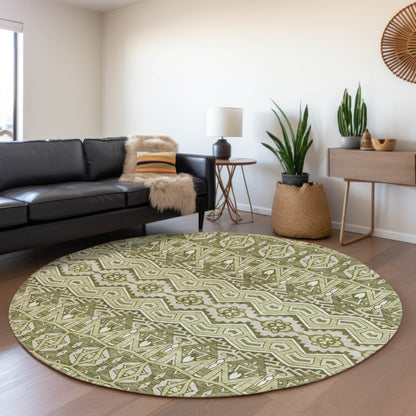 Tabselect Home Line 8' Artichoke Green Gray And Ivory Round Moroccan Washable Indoor Outdoor Area Rug