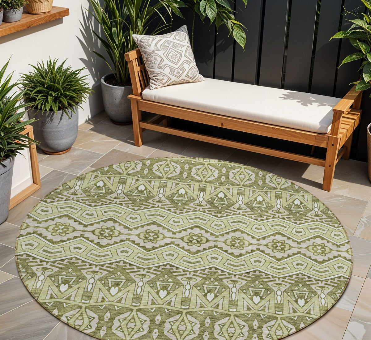 Tabselect Home Line 8' Artichoke Green Gray And Ivory Round Moroccan Washable Indoor Outdoor Area Rug