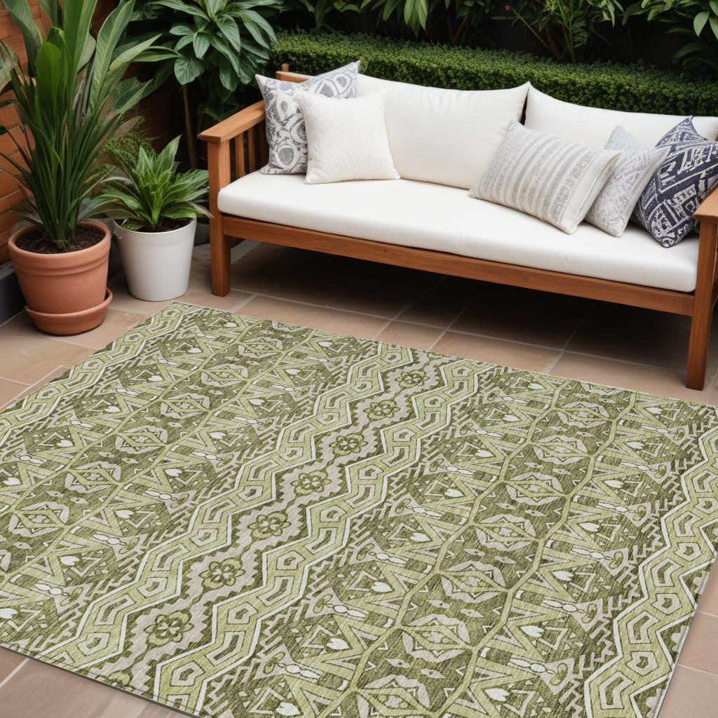 Tabselect Home Line 8' X 10' Artichoke Green Gray And Ivory Moroccan Washable Indoor Outdoor Area Rug