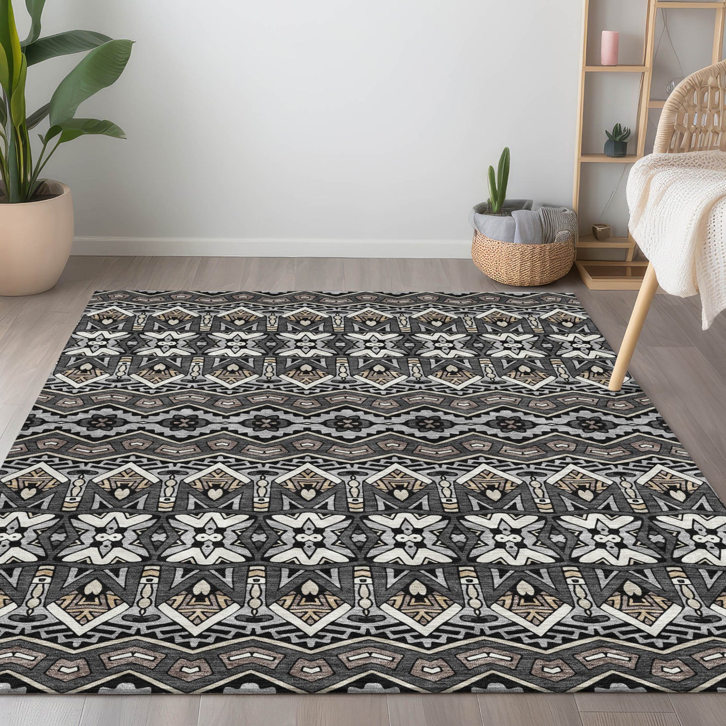 Tabselect Home Line 5' X 8' Charcoal Brown And Ivory Moroccan Washable Indoor Outdoor Area Rug