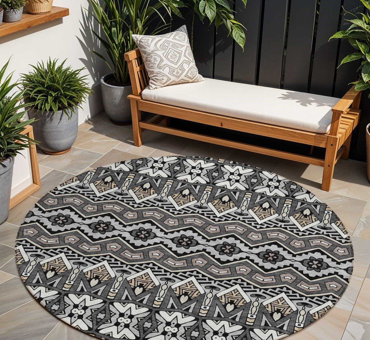 Tabselect Home Line 8' Charcoal Brown And Ivory Round Moroccan Washable Indoor Outdoor Area Rug
