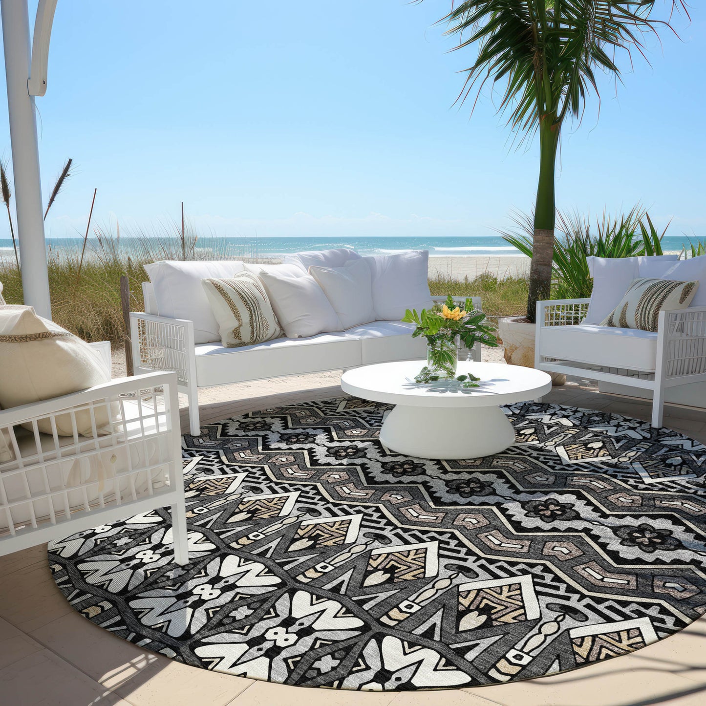 Tabselect Home Line 8' Charcoal Brown And Ivory Round Moroccan Washable Indoor Outdoor Area Rug