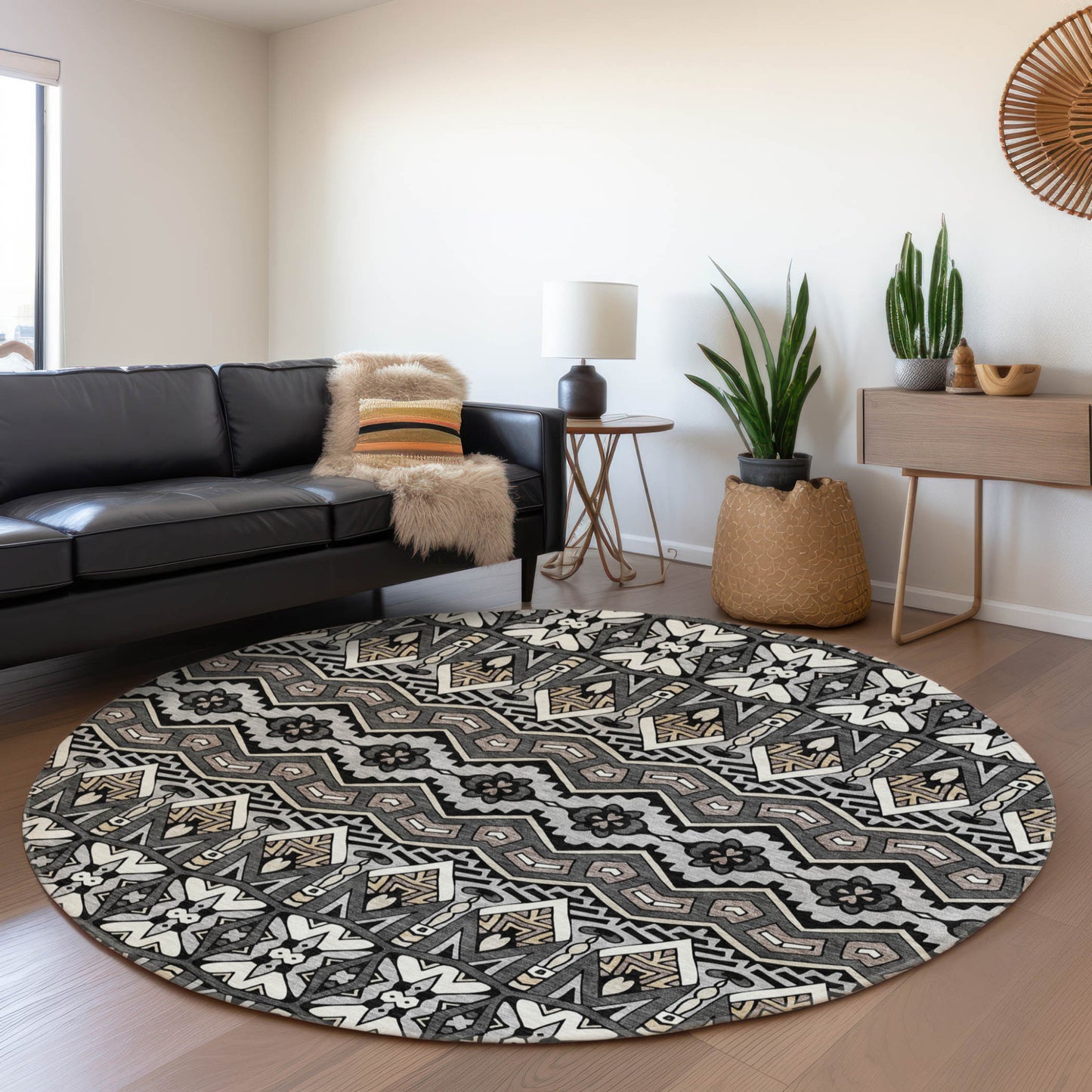 Tabselect Home Line 8' Charcoal Brown And Ivory Round Moroccan Washable Indoor Outdoor Area Rug