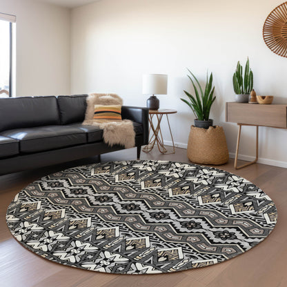 Tabselect Home Line 8' Charcoal Brown And Ivory Round Moroccan Washable Indoor Outdoor Area Rug