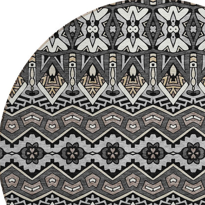 Tabselect Home Line 8' Charcoal Brown And Ivory Round Moroccan Washable Indoor Outdoor Area Rug