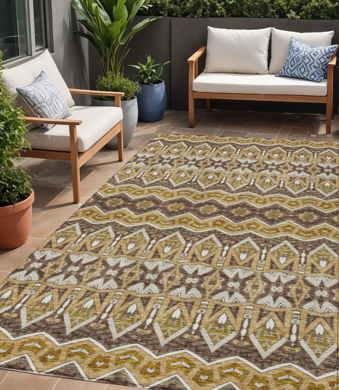 Tabselect Home Line 5' X 8' Gold Brown And Beige Moroccan Washable Indoor Outdoor Area Rug