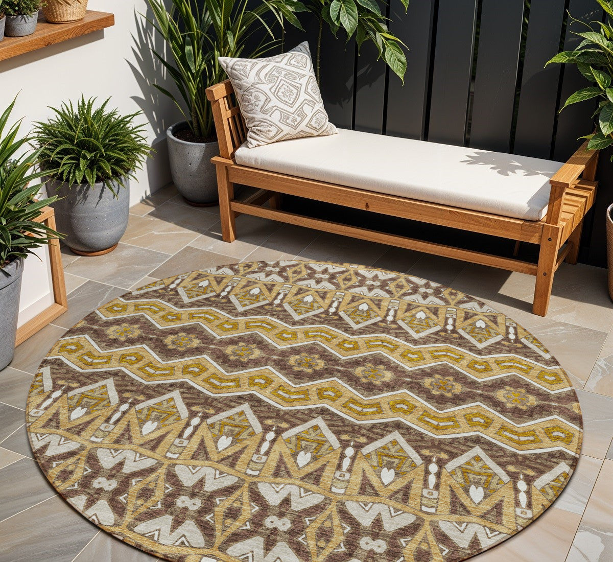 Tabselect Home Line 8' Gold Brown And Beige Round Moroccan Washable Indoor Outdoor Area Rug