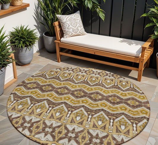 Tabselect Home Line 8' Gold Brown And Beige Round Moroccan Washable Indoor Outdoor Area Rug