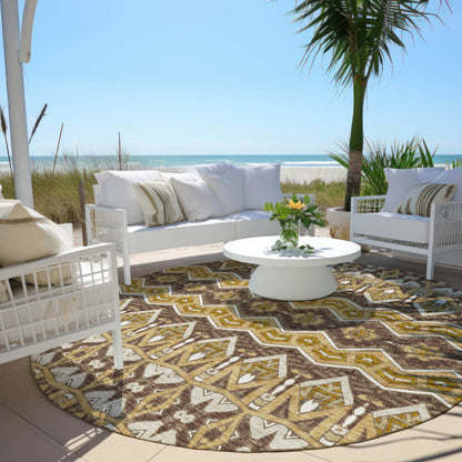 Tabselect Home Line 8' Gold Brown And Beige Round Moroccan Washable Indoor Outdoor Area Rug