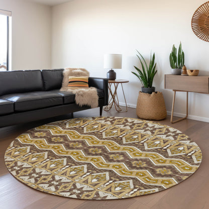 Tabselect Home Line 8' Gold Brown And Beige Round Moroccan Washable Indoor Outdoor Area Rug