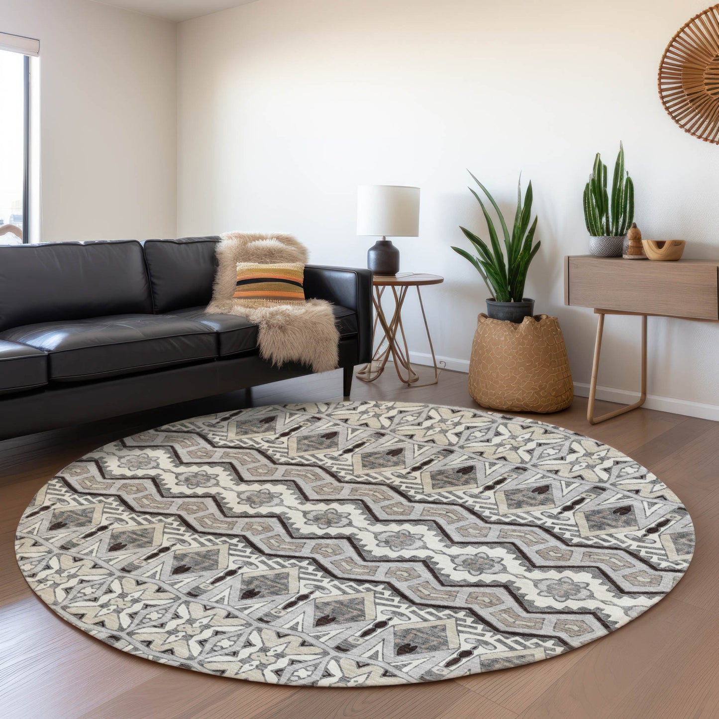 Tabselect Home Line 8' Gray Brown And Ivory Round Moroccan Washable Indoor Outdoor Area Rug