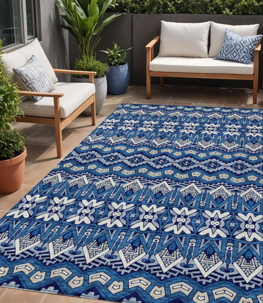 Tabselect Home Line 5' X 8' Navy Blue And Ivory Moroccan Washable Indoor Outdoor Area Rug