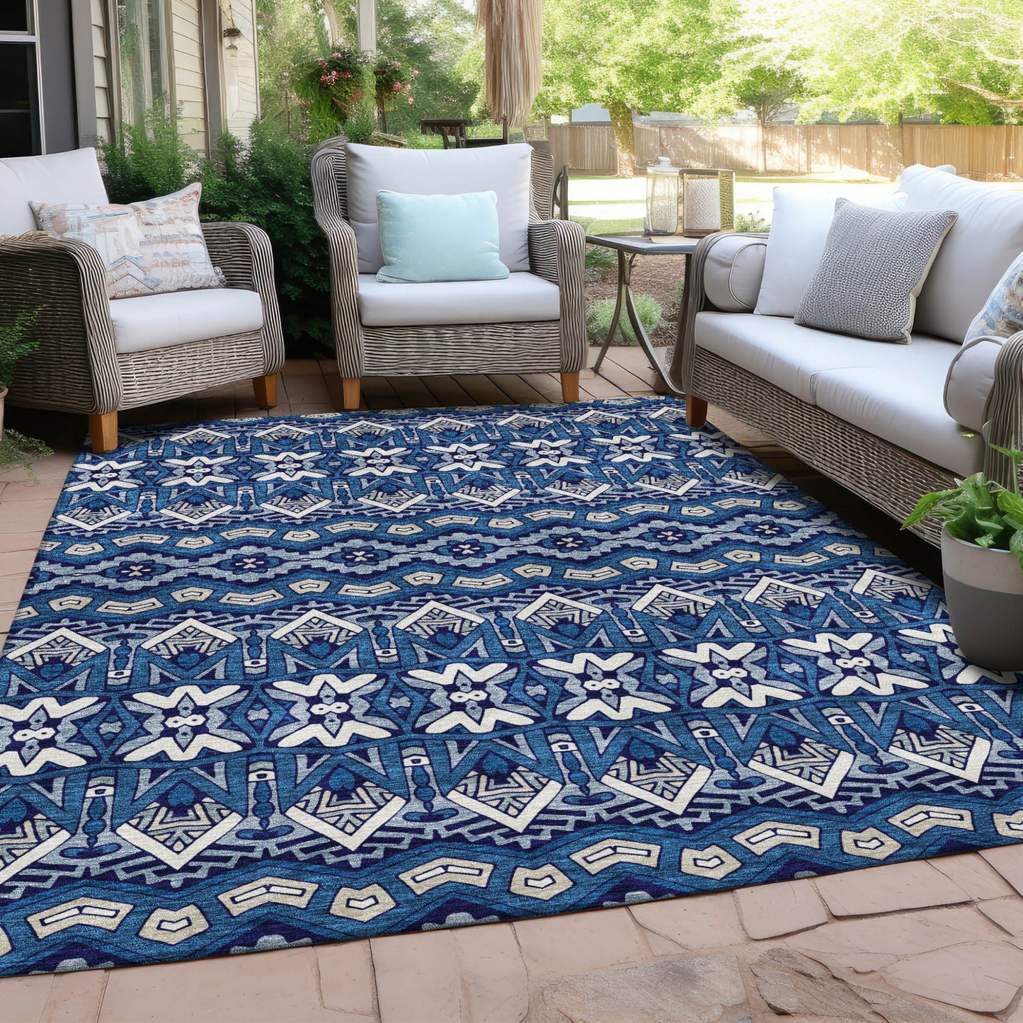 Tabselect Home Line 5' X 8' Navy Blue And Ivory Moroccan Washable Indoor Outdoor Area Rug