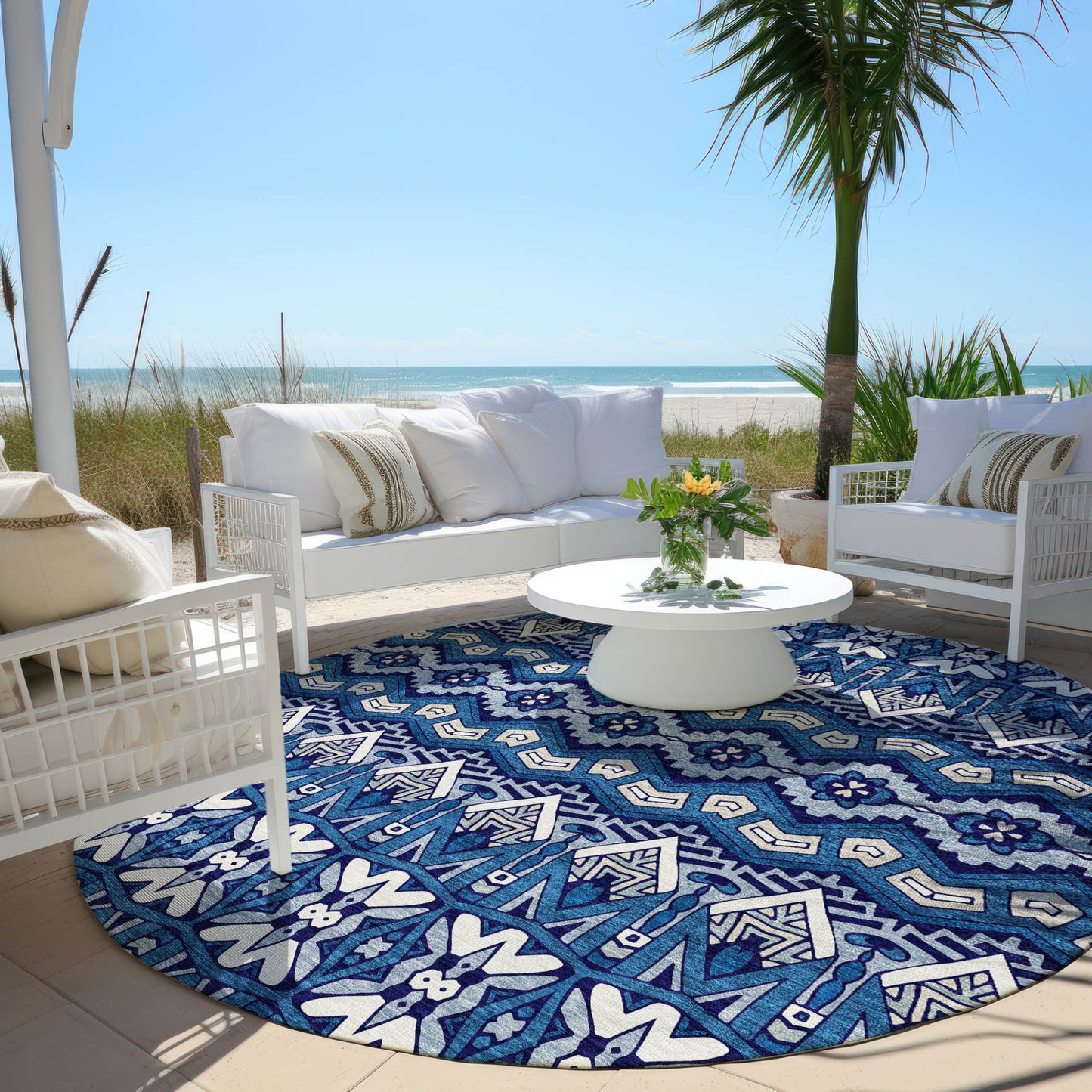 Tabselect Home Line 8' Navy Blue And Ivory Round Moroccan Washable Indoor Outdoor Area Rug
