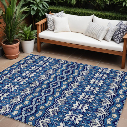 Tabselect Home Line 8' X 10' Navy Blue And Ivory Moroccan Washable Indoor Outdoor Area Rug