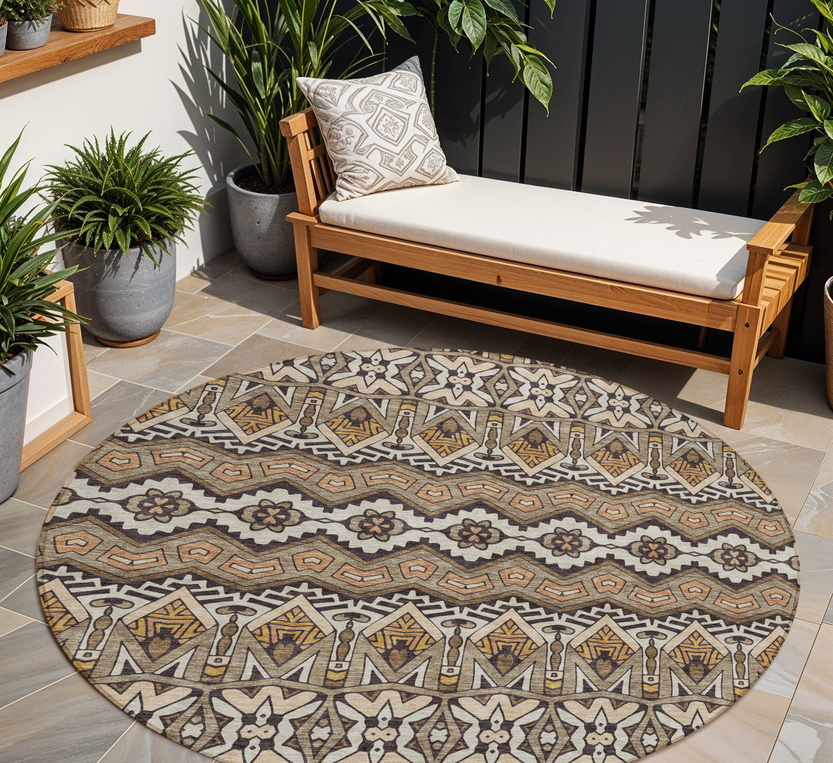 Tabselect Home Line 8' Taupe Brown And Ivory Round Moroccan Washable Indoor Outdoor Area Rug