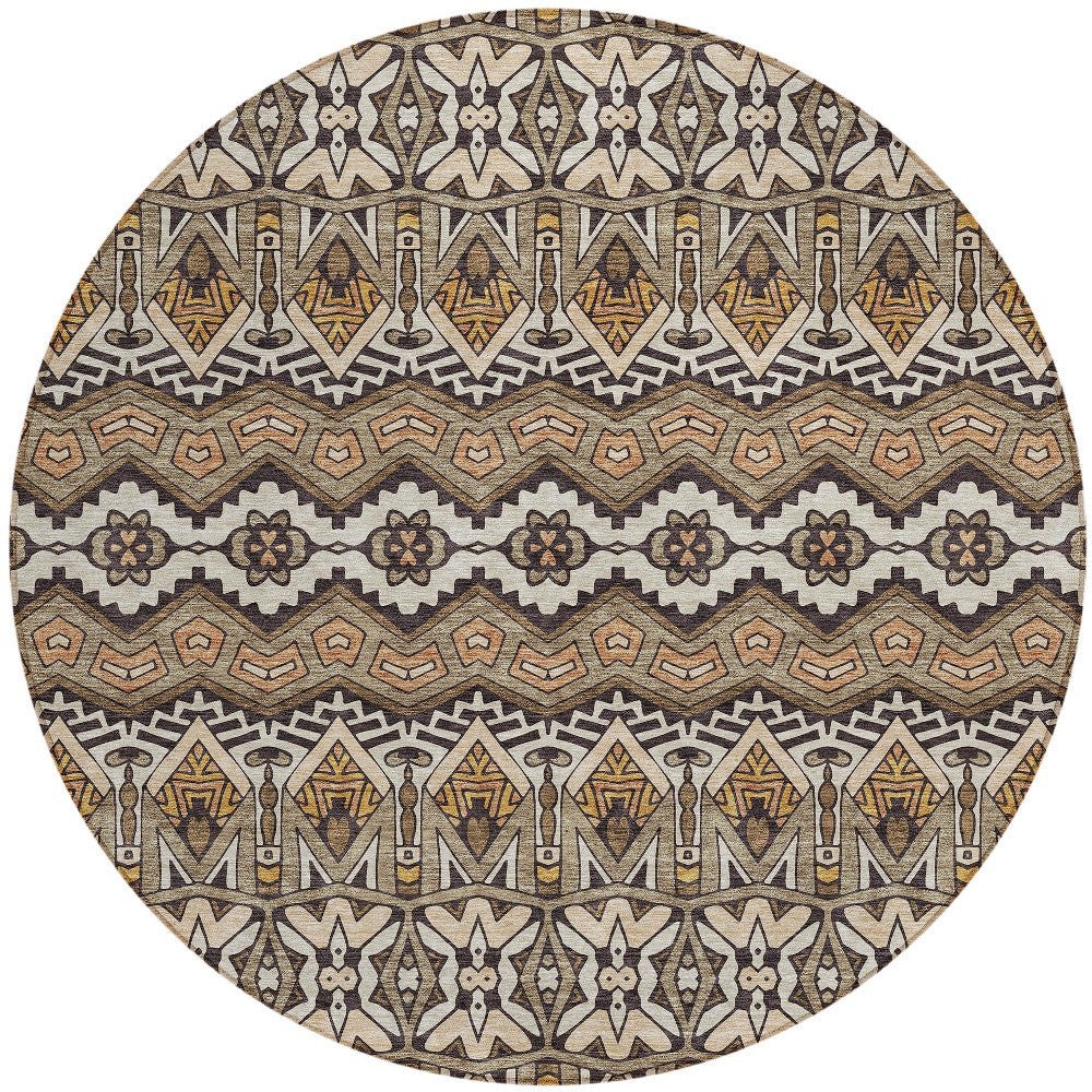 Tabselect Home Line 8' Taupe Brown And Ivory Round Moroccan Washable Indoor Outdoor Area Rug