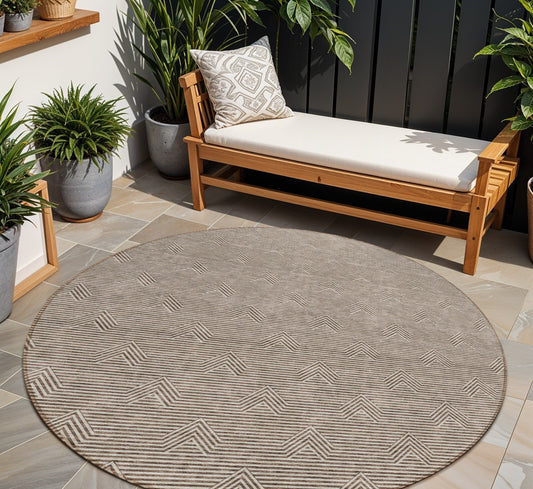 Tabselect Home Line 8' Brown And Beige Round Geometric Washable Indoor Outdoor Area Rug