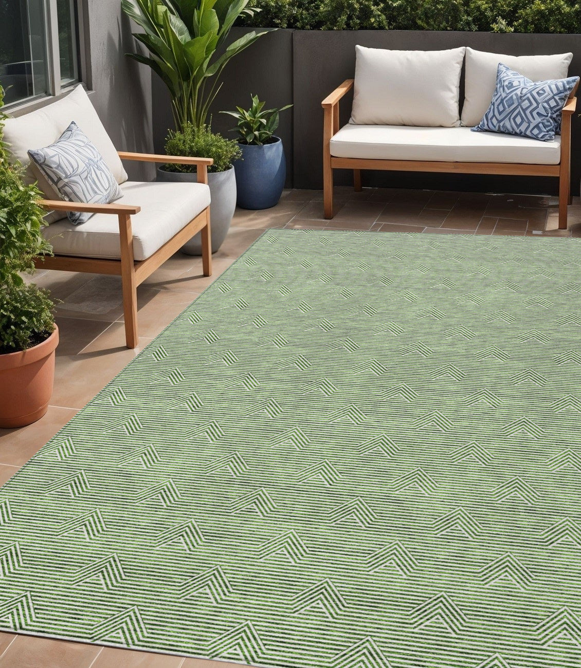 Tabselect Home Line 5' X 8' Green And Beige Geometric Washable Indoor Outdoor Area Rug