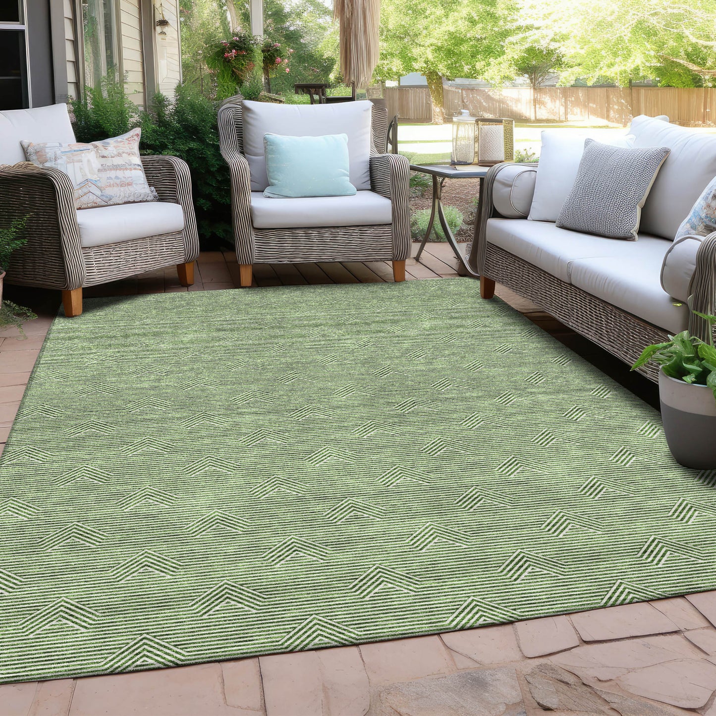 Tabselect Home Line 5' X 8' Green And Beige Geometric Washable Indoor Outdoor Area Rug