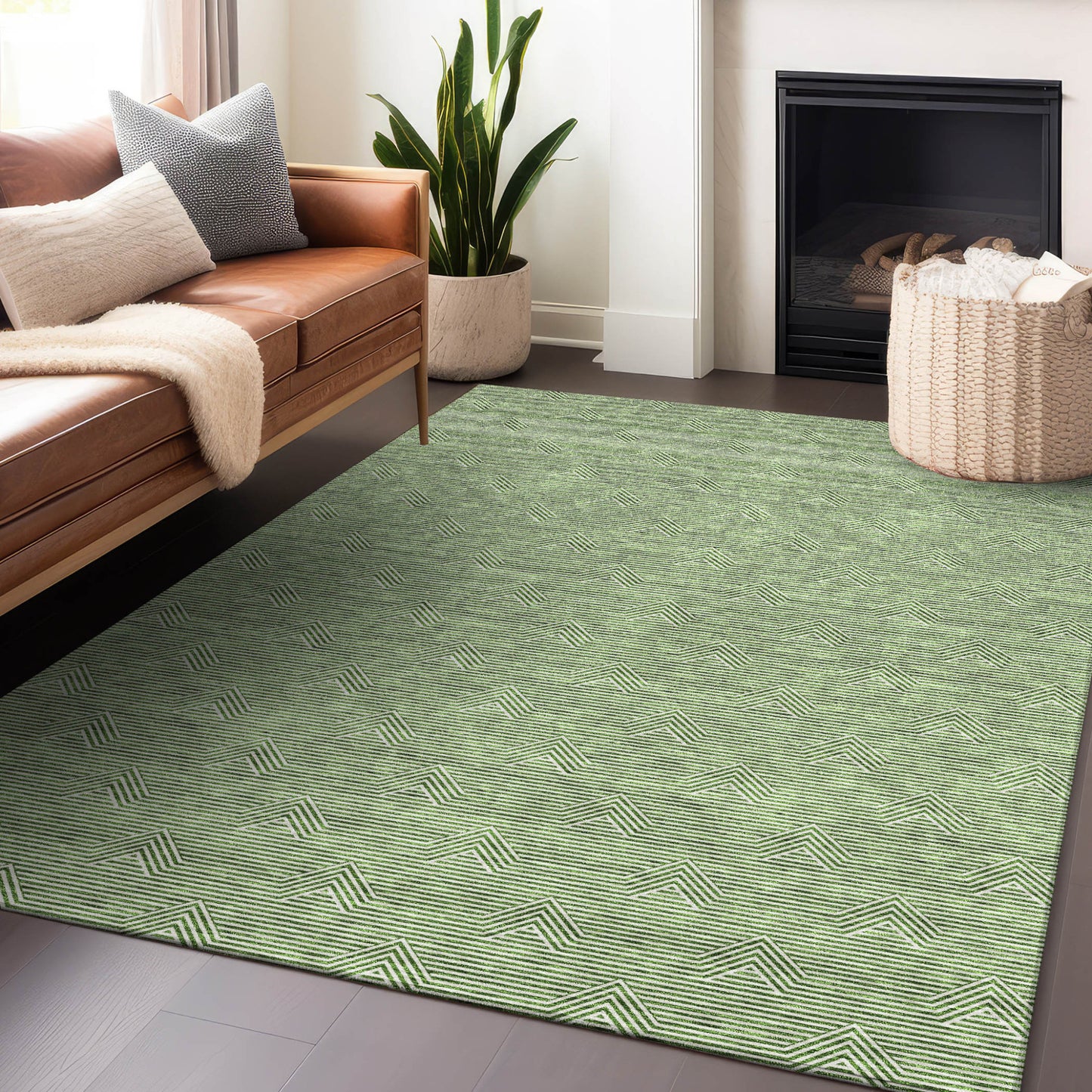 Tabselect Home Line 5' X 8' Green And Beige Geometric Washable Indoor Outdoor Area Rug