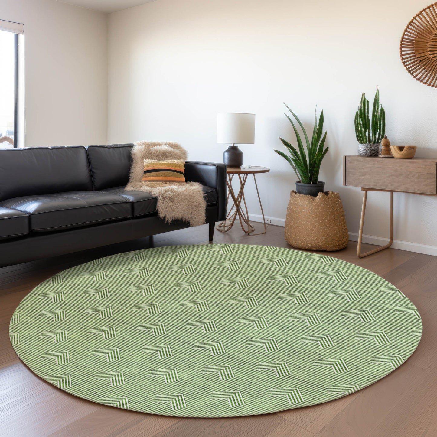 Tabselect Home Line 8' Green And Beige Round Geometric Washable Indoor Outdoor Area Rug