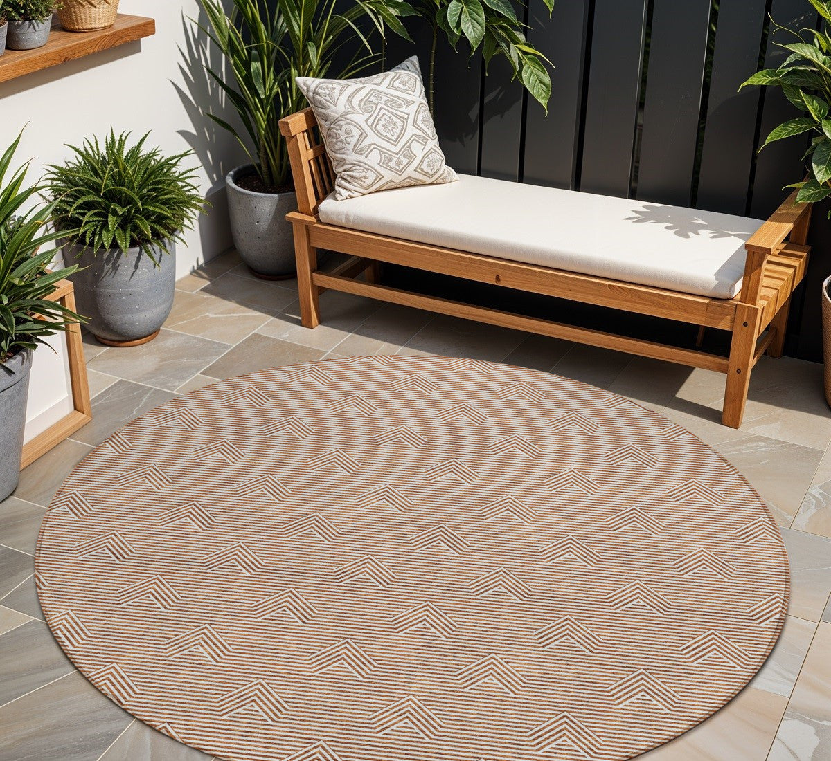 Tabselect Home Line 8' Brown And Beige Round Geometric Washable Indoor Outdoor Area Rug