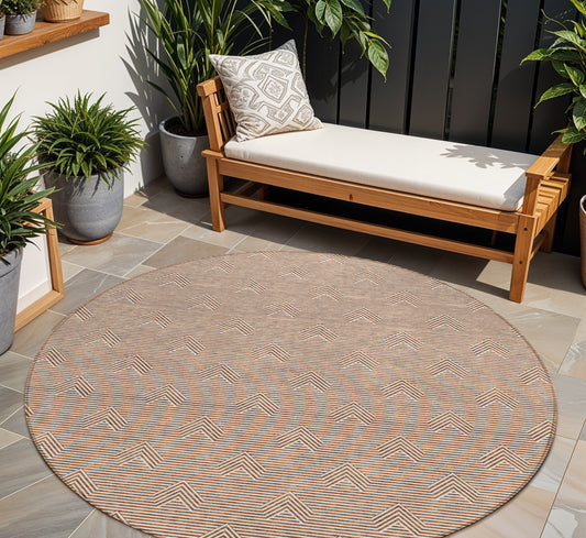 Tabselect Home Line 8' Brown And Beige Round Geometric Washable Indoor Outdoor Area Rug