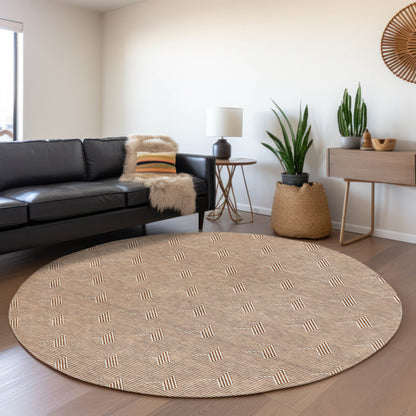 Tabselect Home Line 8' Brown And Beige Round Geometric Washable Indoor Outdoor Area Rug