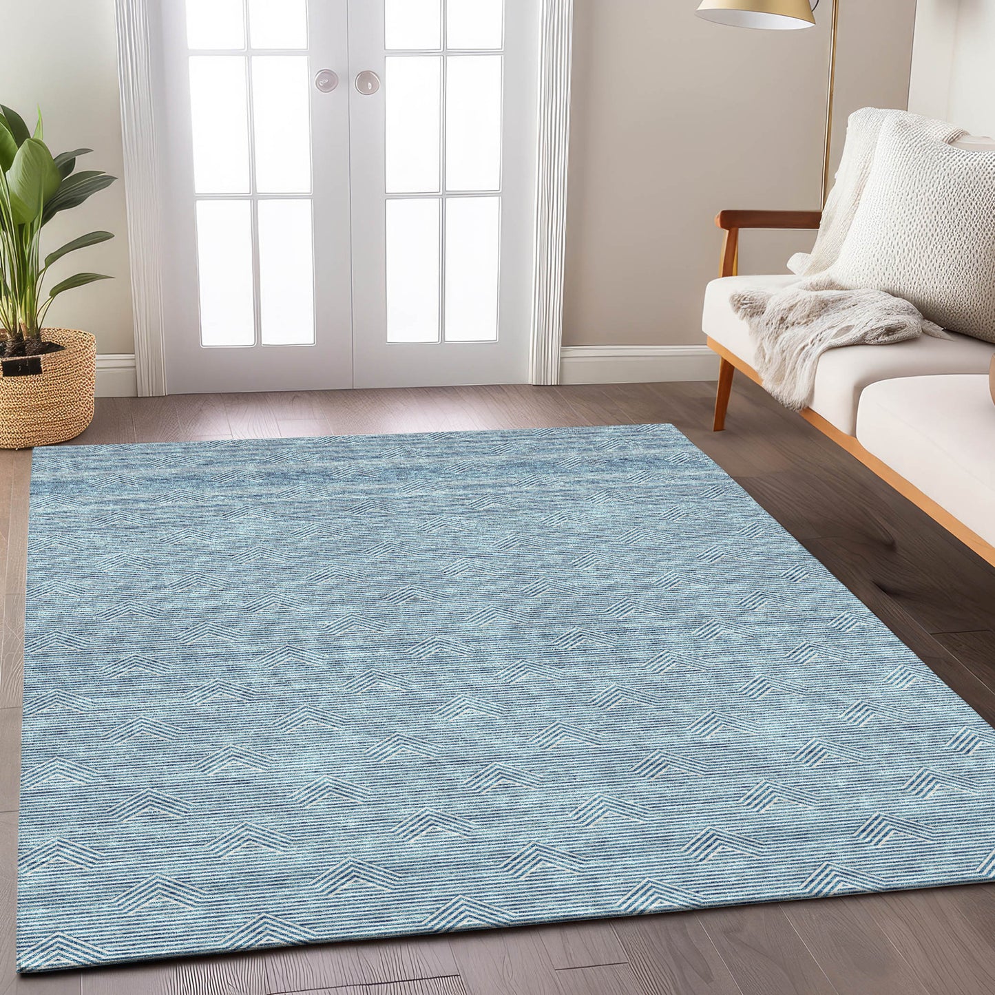 Tabselect Home Line 8' X 10' Teal Blue And Ivory Geometric Washable Indoor Outdoor Area Rug
