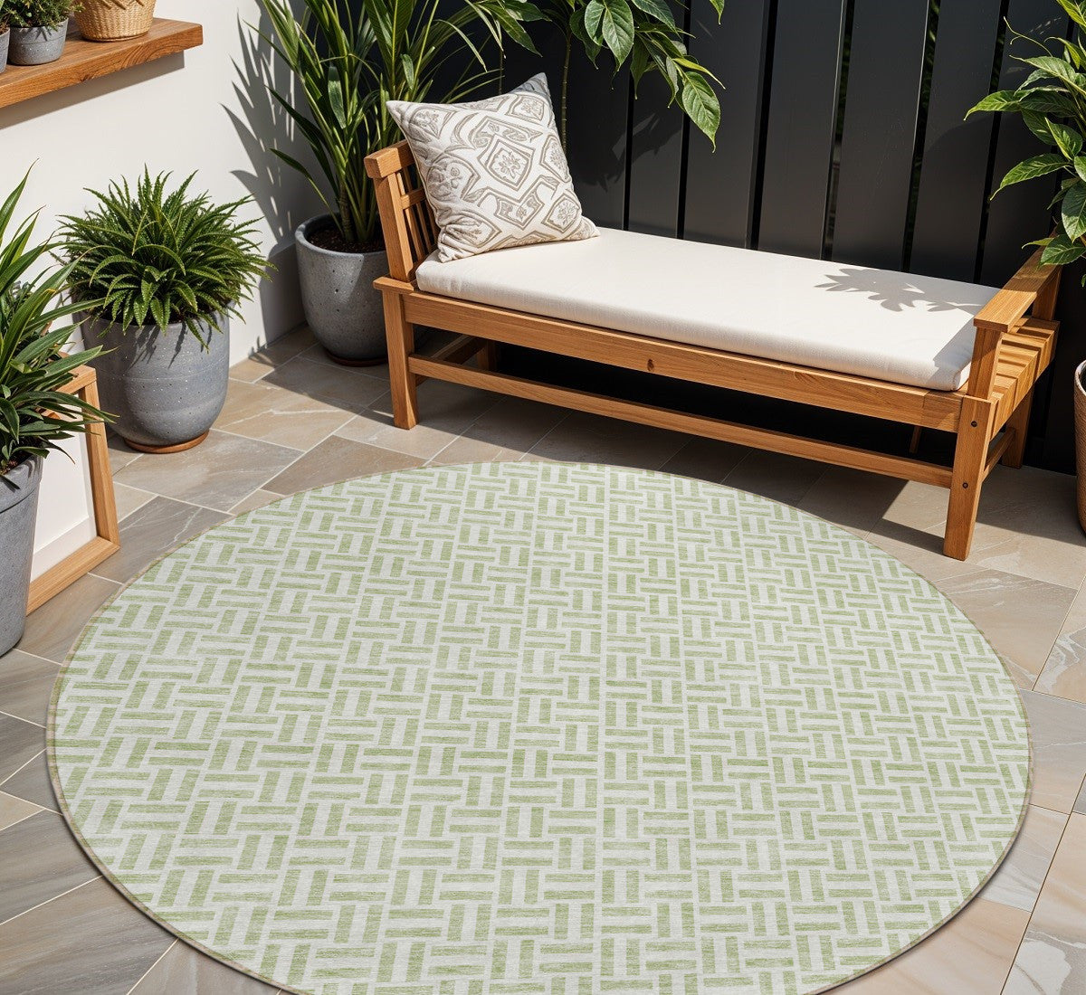 Tabselect Home Line 8' Artichoke Green And Gray Round Geometric Washable Indoor Outdoor Area Rug