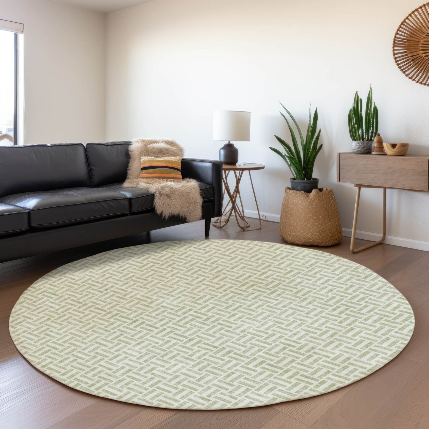 Tabselect Home Line 8' Artichoke Green And Gray Round Geometric Washable Indoor Outdoor Area Rug