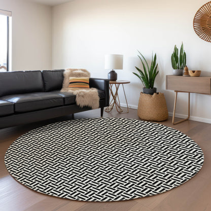 Tabselect Home Line 8' Black And Ivory Round Geometric Washable Indoor Outdoor Area Rug