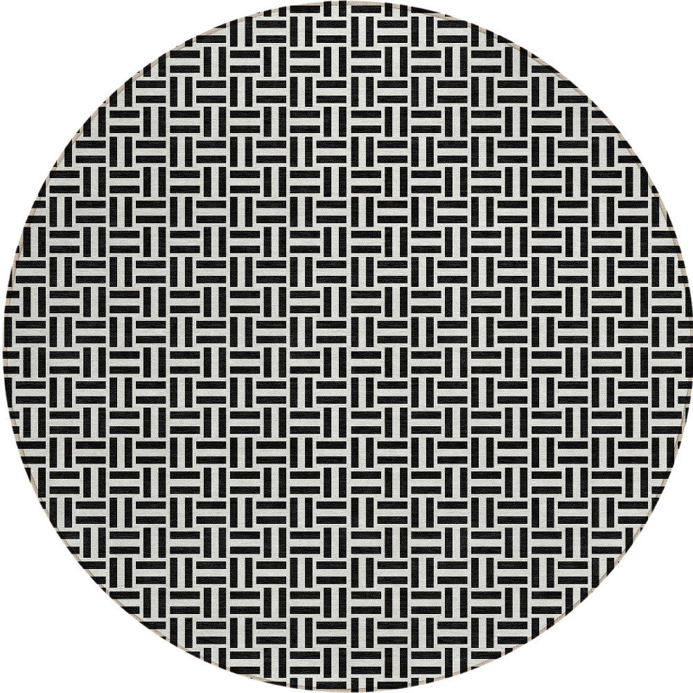Tabselect Home Line 8' Black And Ivory Round Geometric Washable Indoor Outdoor Area Rug
