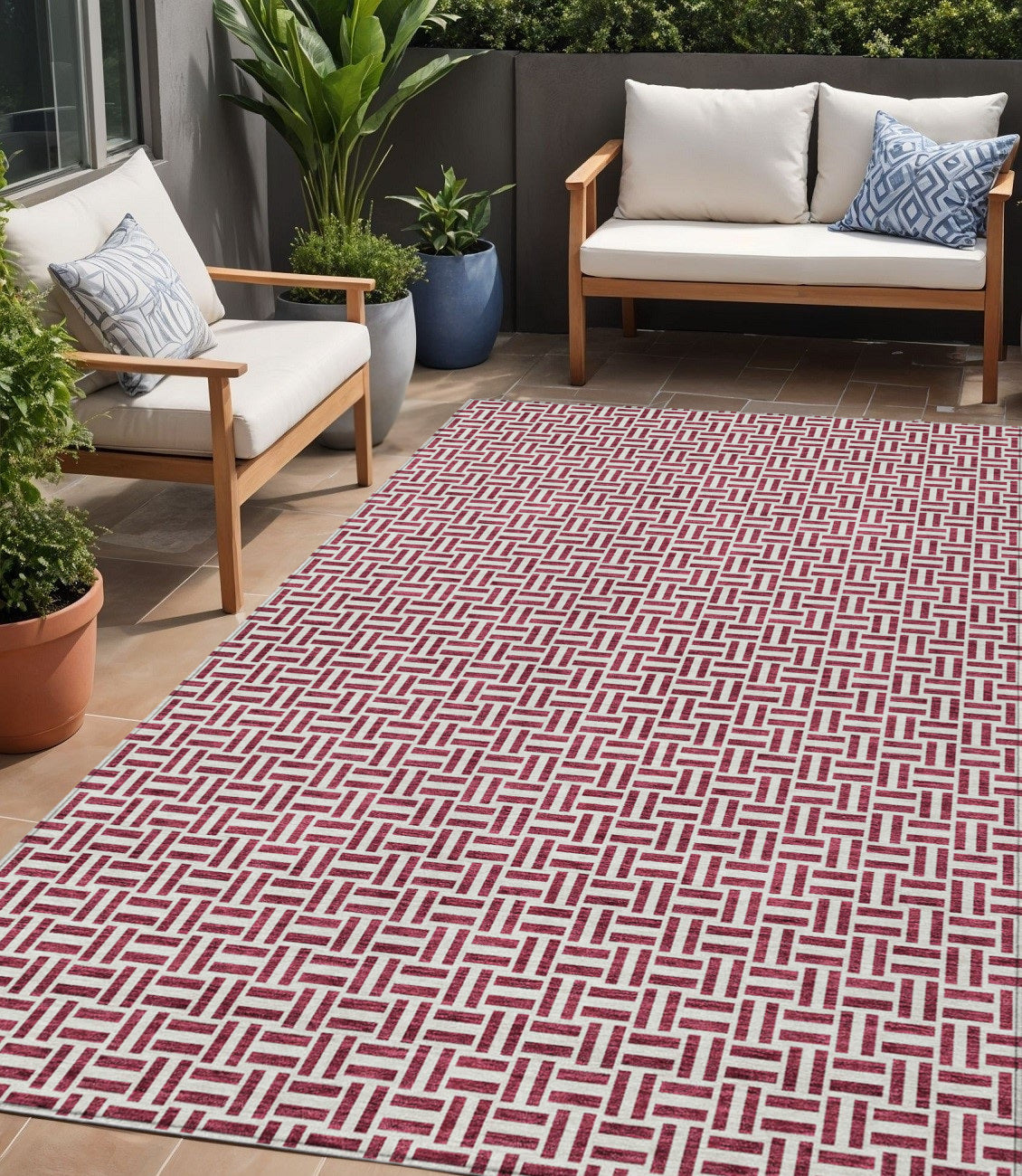 Tabselect Home Line 5' X 8' Burgundy And Ivory Geometric Washable Indoor Outdoor Area Rug