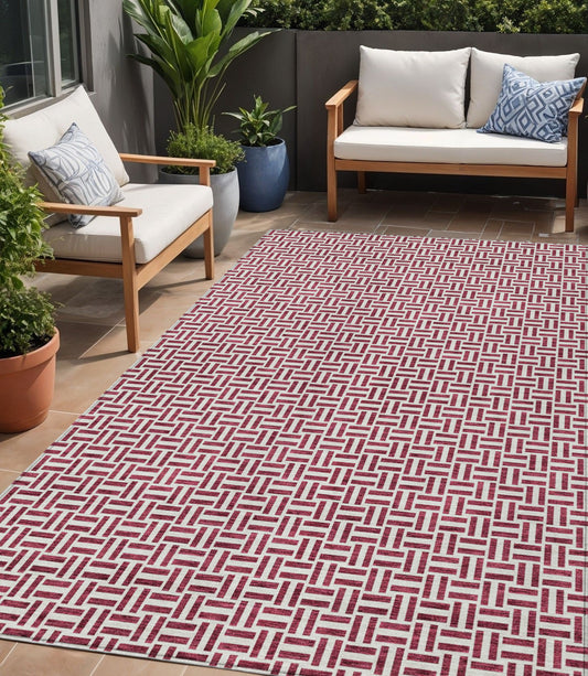 Tabselect Home Line 5' X 8' Burgundy And Ivory Geometric Washable Indoor Outdoor Area Rug