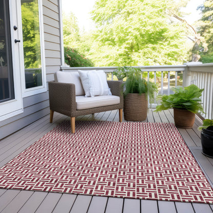 Tabselect Home Line 5' X 8' Burgundy And Ivory Geometric Washable Indoor Outdoor Area Rug