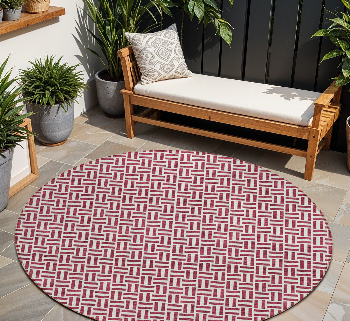 Tabselect Home Line 8' Burgundy And Ivory Round Geometric Washable Indoor Outdoor Area Rug