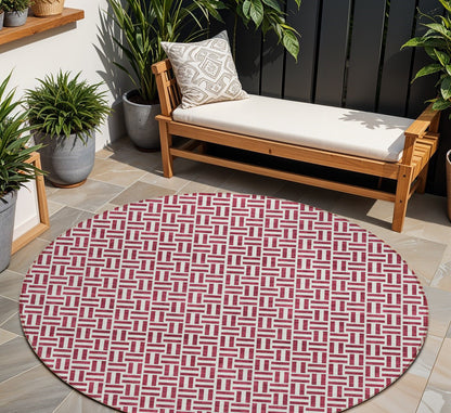 Tabselect Home Line 8' Burgundy And Ivory Round Geometric Washable Indoor Outdoor Area Rug