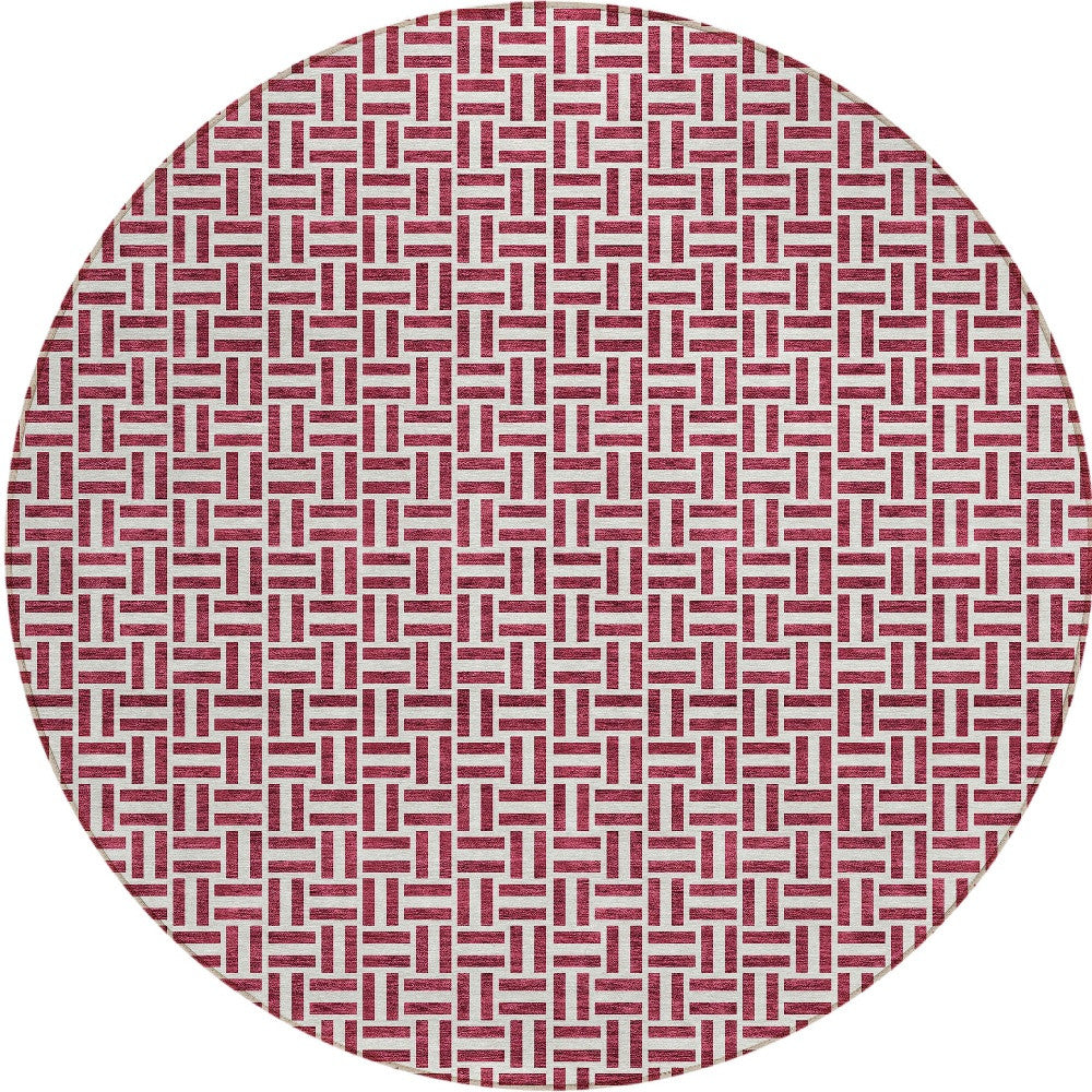 Tabselect Home Line 8' Burgundy And Ivory Round Geometric Washable Indoor Outdoor Area Rug