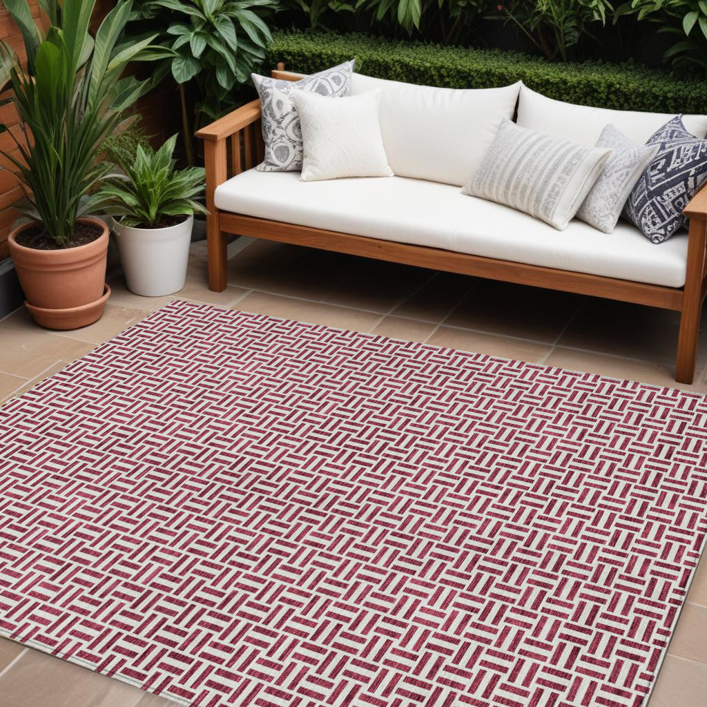 Tabselect Home Line 8' X 10' Burgundy And Ivory Geometric Washable Indoor Outdoor Area Rug