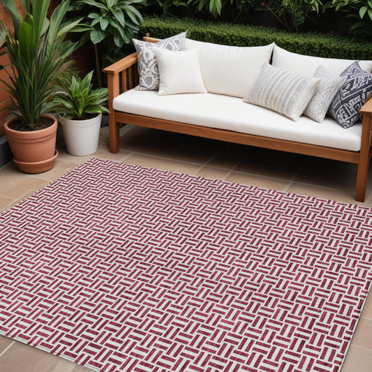 Tabselect Home Line 8' X 10' Burgundy And Ivory Geometric Washable Indoor Outdoor Area Rug