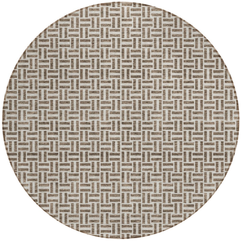Tabselect Home Line 8' Brown And Beige Round Geometric Washable Indoor Outdoor Area Rug