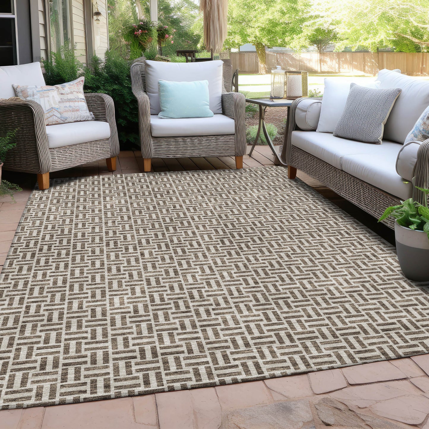 Tabselect Home Line 8' X 10' Brown And Beige Geometric Washable Indoor Outdoor Area Rug