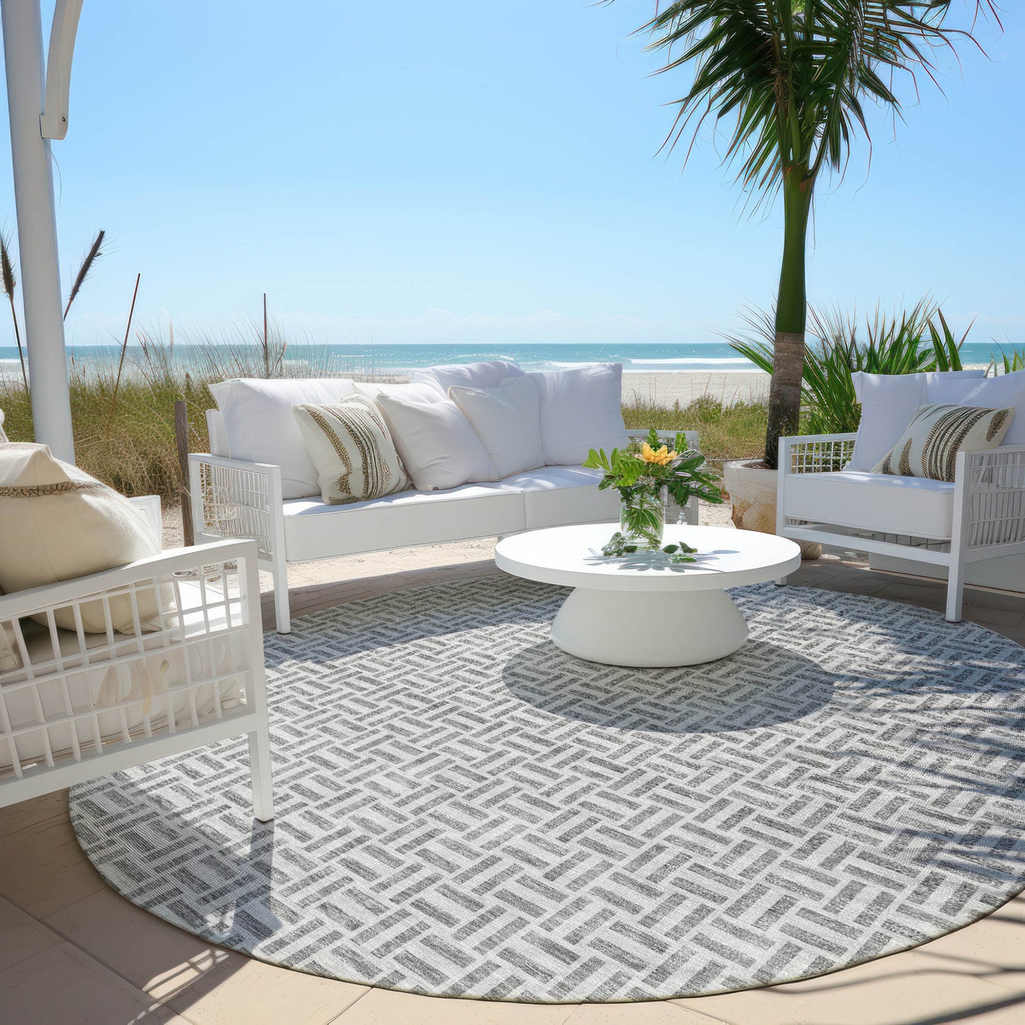 Tabselect Home Line 8' Gray And Silver Round Geometric Washable Indoor Outdoor Area Rug